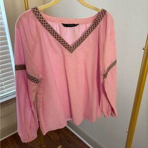 Zara Pink V-Neck Blouse with Embroidery